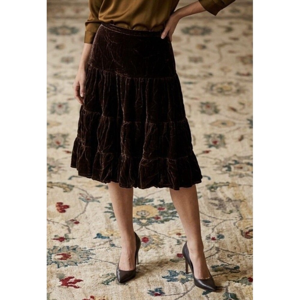 BCBG Maxazria Y2K Tiered Velvet Whimsical Chocolate Skirt 2000s Size 12